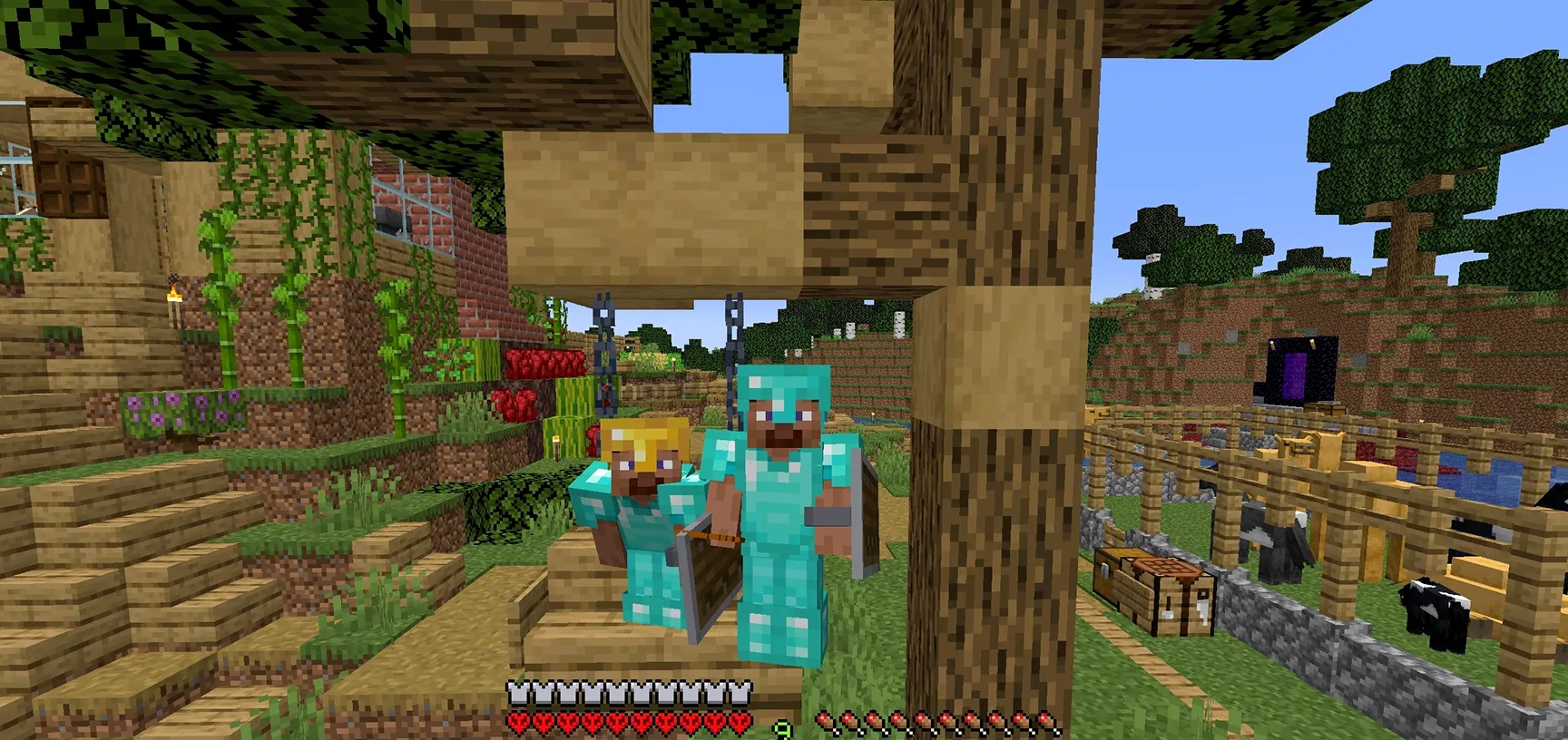 Minecraftの実際のプレイ画面。ふたりのプレイヤーが並んで世界に立っている。
